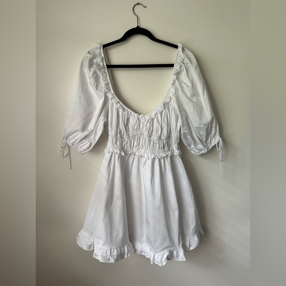 FOR LOVE & LEMONS Puff Sleeve Eyelet Ruffle White Mini Dress NWT Women’s XL - Picture 4 of 10